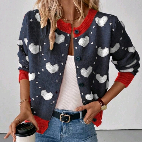 Jacquard Heart Loose Knit Cardigan, Autumn/Winter - Picture 1 of 6